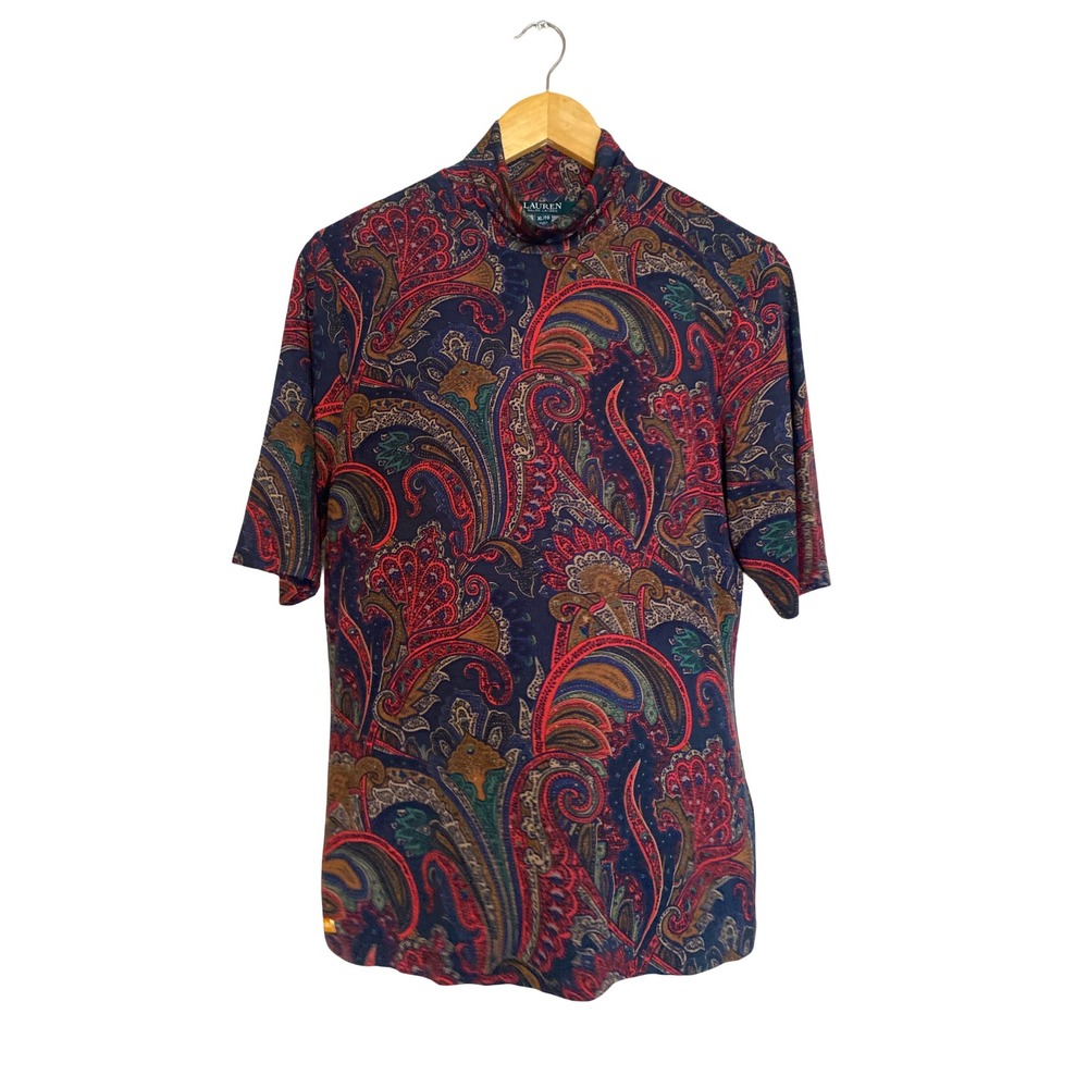 Lauren Ralph Lauren Womens XL Paisley Mock Neck Short Sleeve Top Navy Red Multi